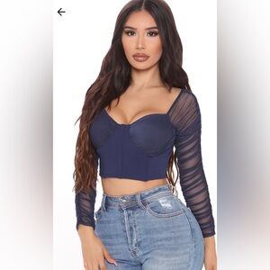 Fashion Nova Navy Mesh Sleeve Crop Top